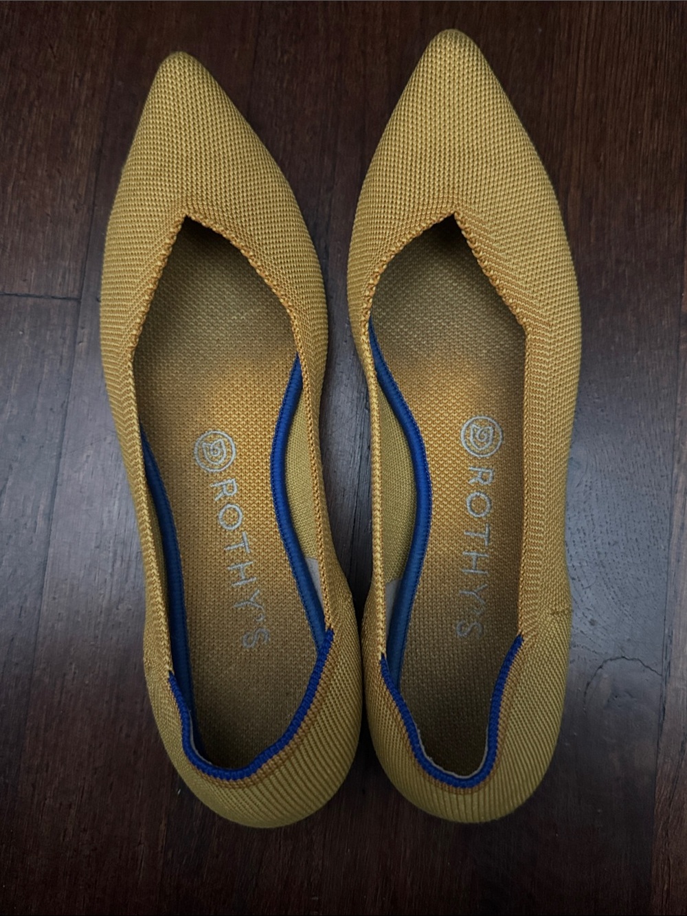 Rothy's Pointed Flats in Mustard Yellow with Blue Trim